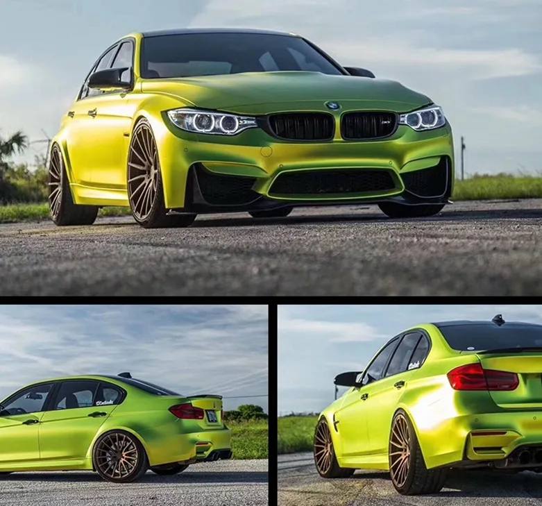Fluorescent lime-green wrapped BMW M3 parked outdoors, showing front and side view.